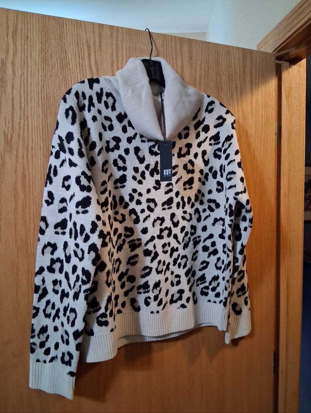Kut from the Kloth Cream and Black Leopard Cowl Neck Sweater, Small Pullover